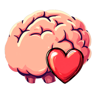 Hand drawn image of a brain with a heart icon signifying emotional well-being