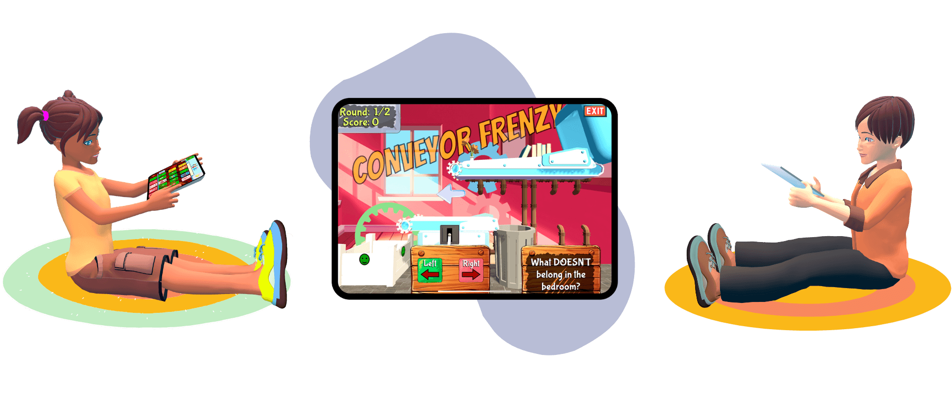 Kids sitting down facing each other and using the Spkeasy app, with an image of the application shown in middle
