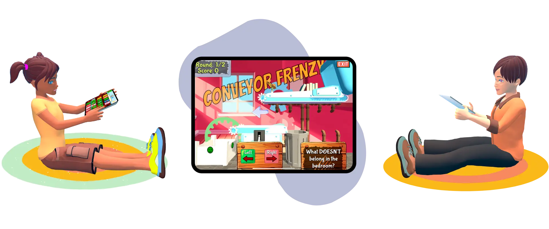 Kids sitting down facing each other and using the Spkeasy app, with an image of the application shown in middle